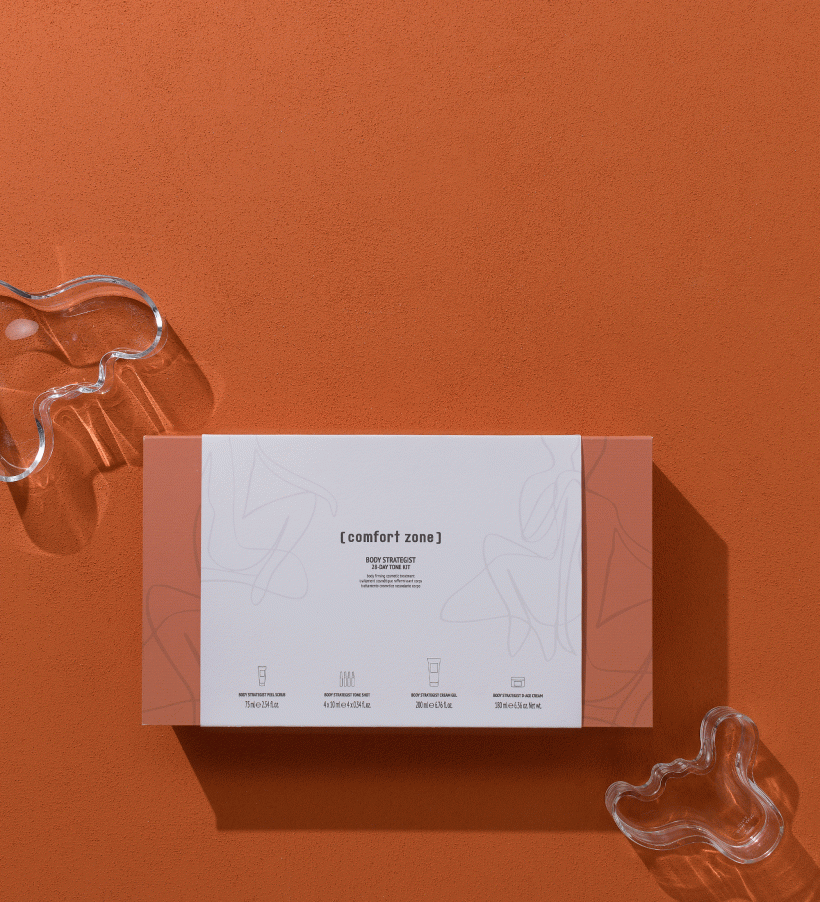 Body strategist 28-day tone kit / набір 28-денного зміцнюючого догляду для тіла: пілінг-скраб для тіла подвійної дії 75 мл, зміцнюючі концентрарти 4x10 мл, антицелюлітний крем-гель 200 мл, зміцнюючий омолоджуючий крем для тіла 180 мл ComfortZone